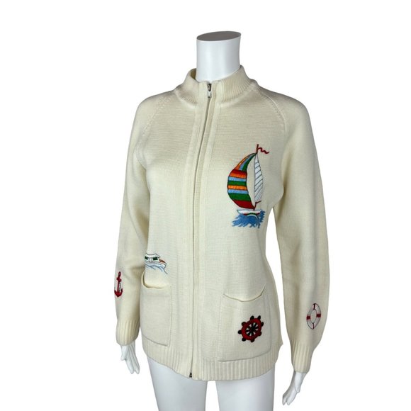 Vintage 80s Nautical Sweater Embroidered Sailboat Zip Up Cardigan - Picture 5 of 10